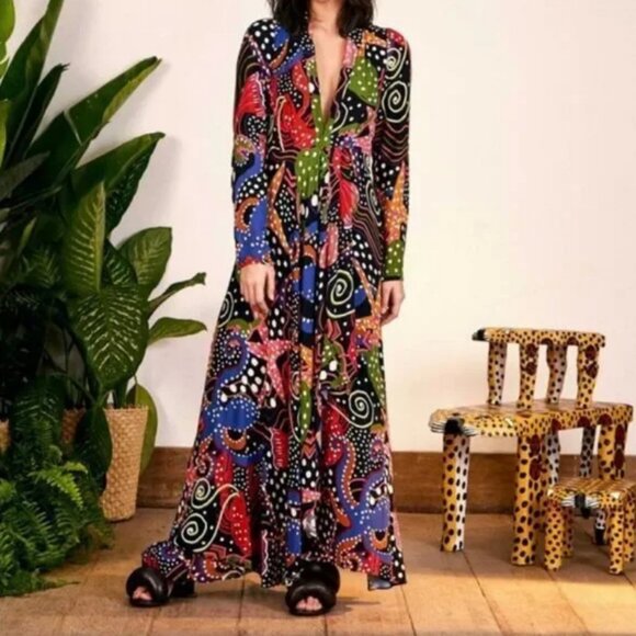 Farm Rio Anthropologie Under the Sea Long Sleeve V-Neck Plunge Maxi Dress - Picture 1 of 5